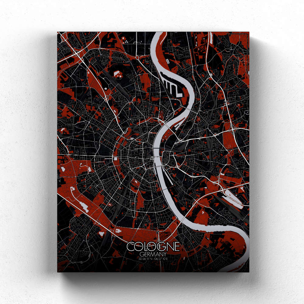 Mapospheres Cologne Red dark full page design canvas city map