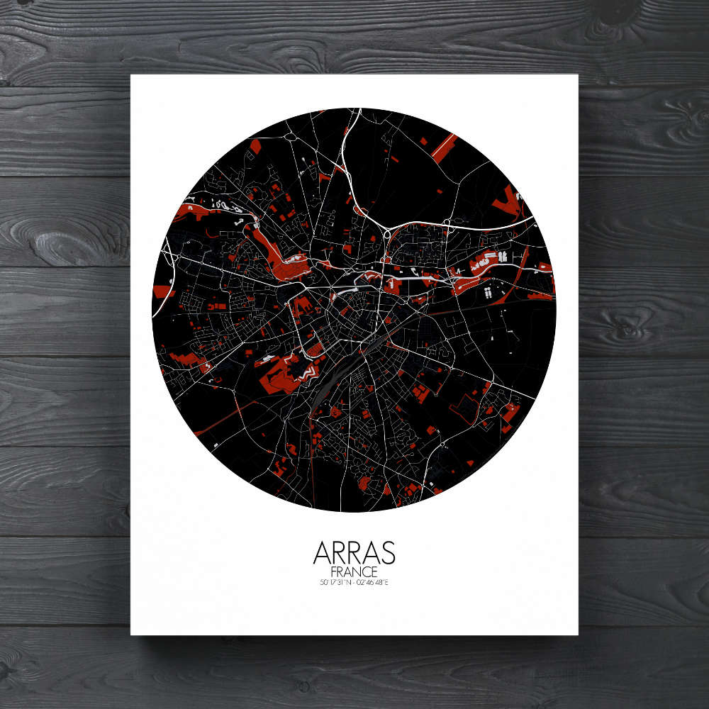 Mapospheres Arras Red dark round shape design canvas city map