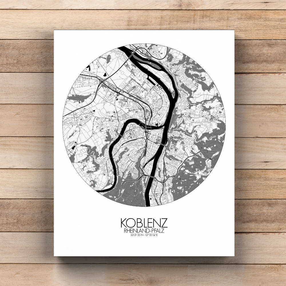 Mapospheres Koblenz Black and White round shape design canvas city map