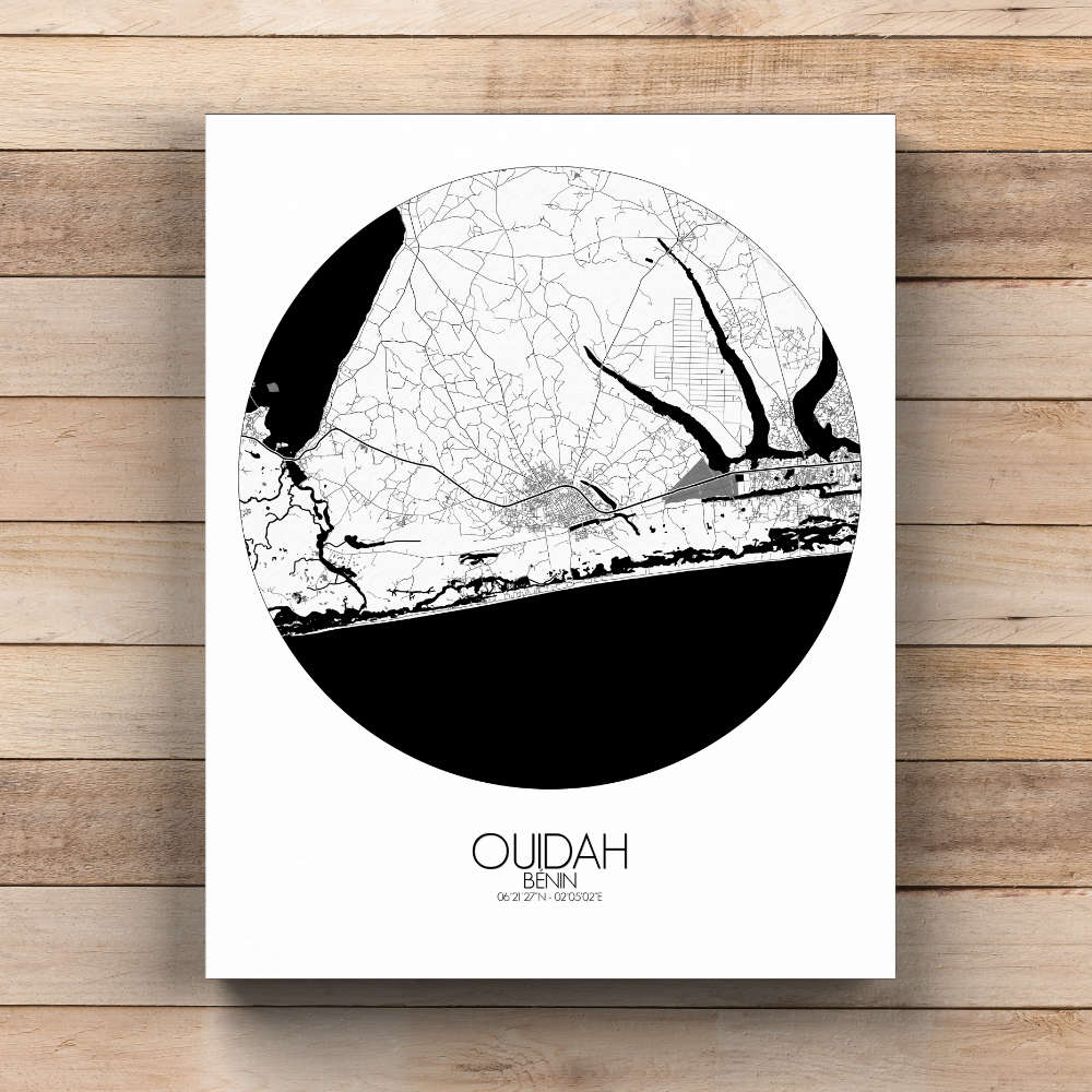 Mapospheres Ouidah Black and White round shape design canvas city map