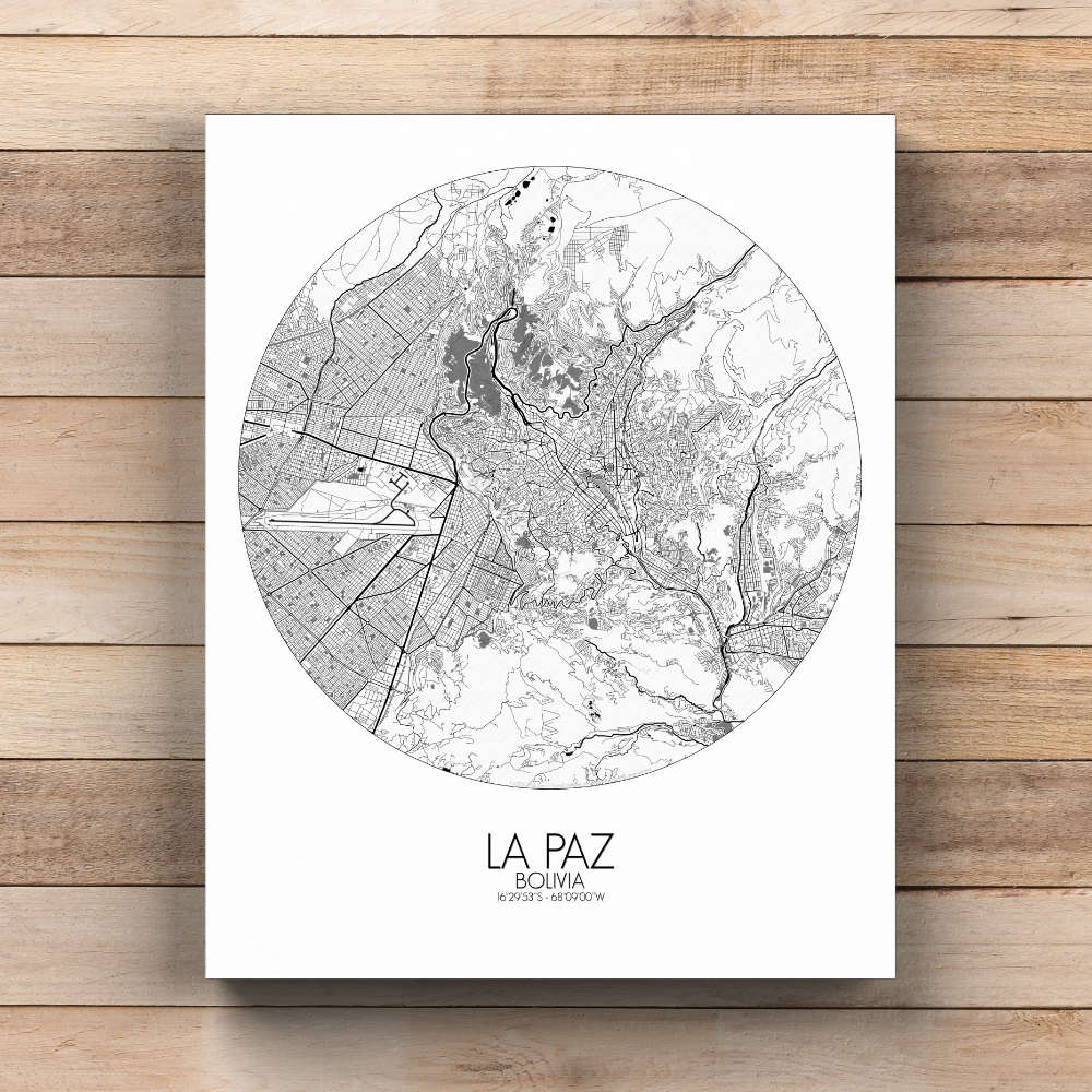 Mapospheres La Paz Black and White round shape design canvas city map