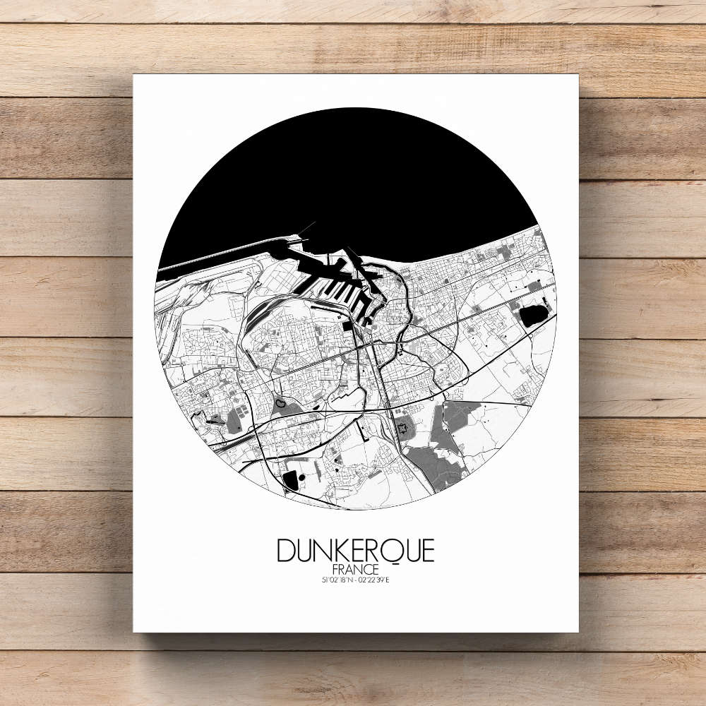 Mapospheres Dunkirk Black and White  round shape design canvas city map