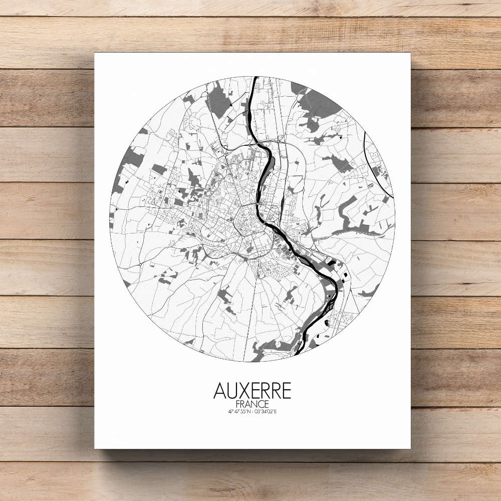 Mapospheres Auxerre Black and White round shape design canvas city map