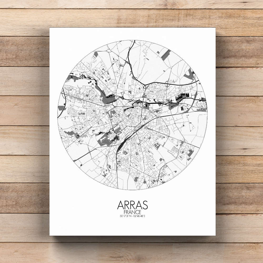 Mapospheres Arras Black and White round shape design canvas city map