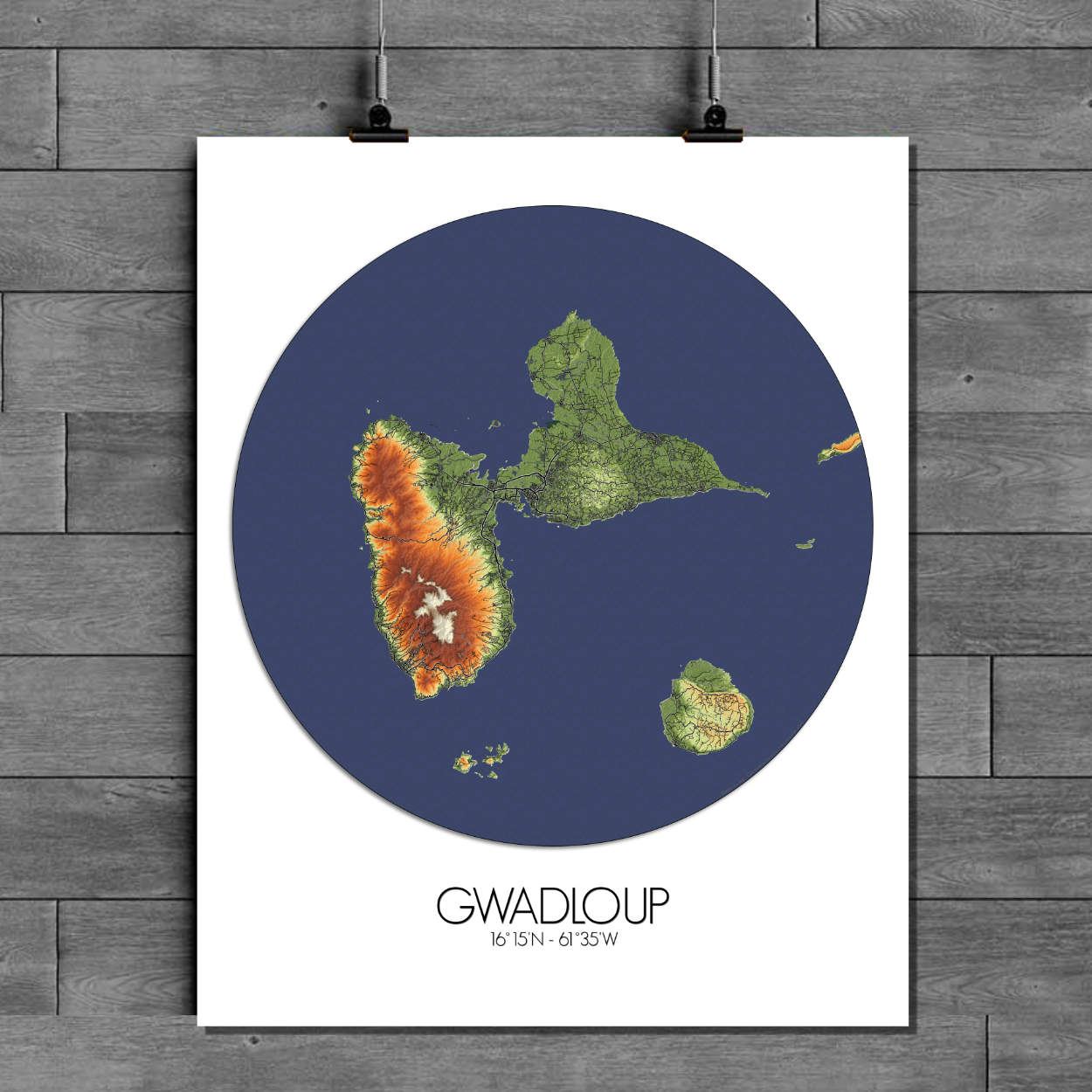 Mapospheres La Guadeloupe Elevation map round shape design Paper map city map