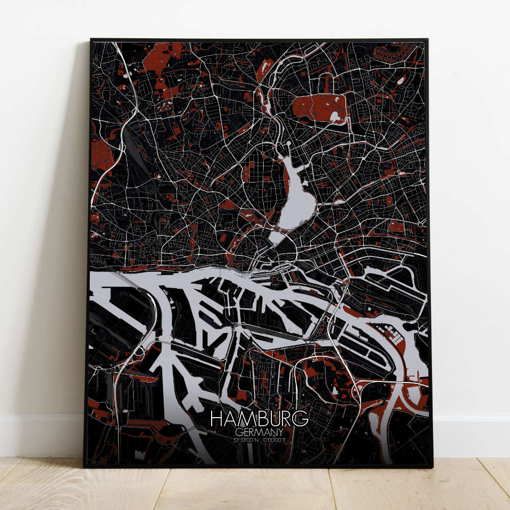 Mapospheres Hamburg Red dark full page design poster city map