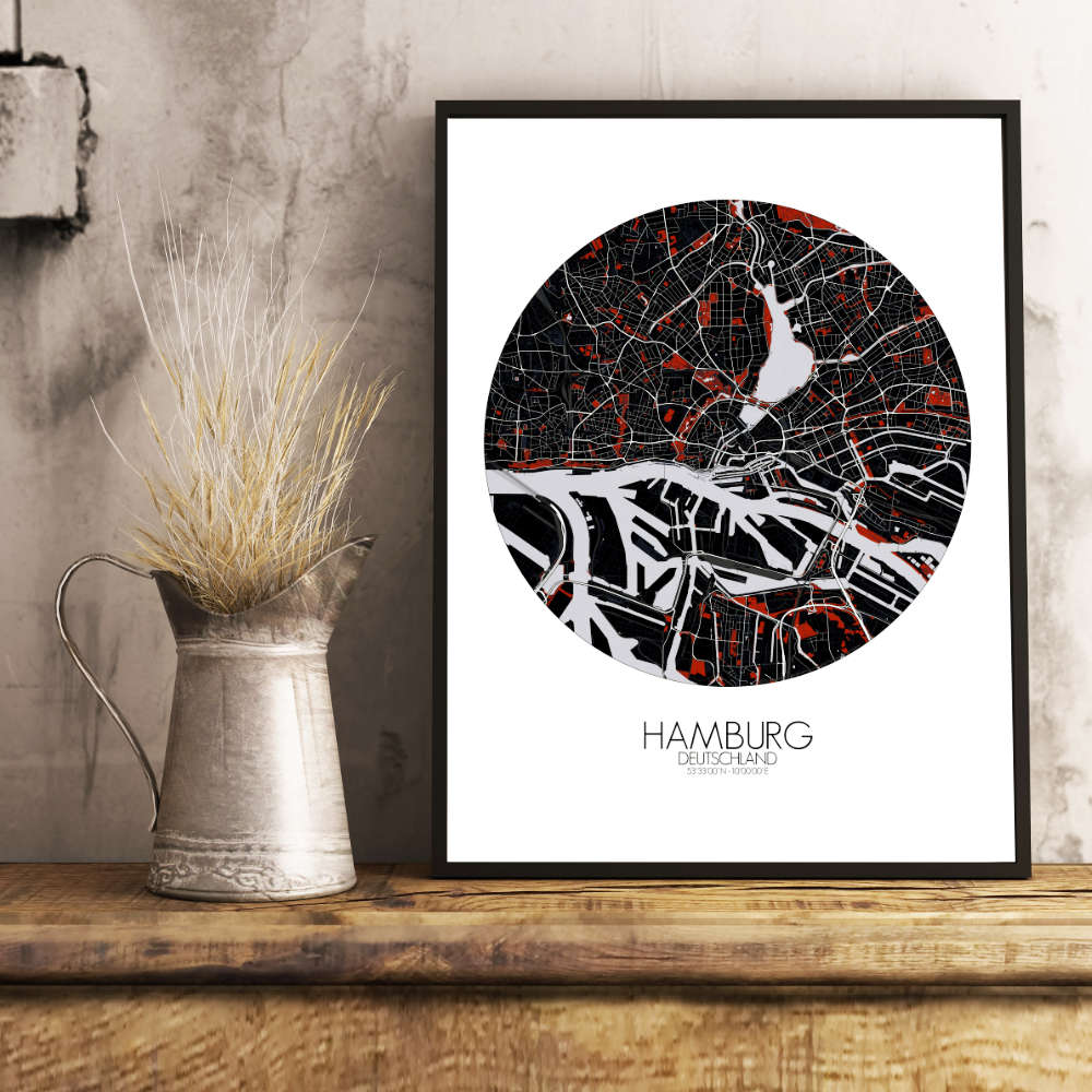 Mapospheres Hamburg Red dark round shape design poster city map