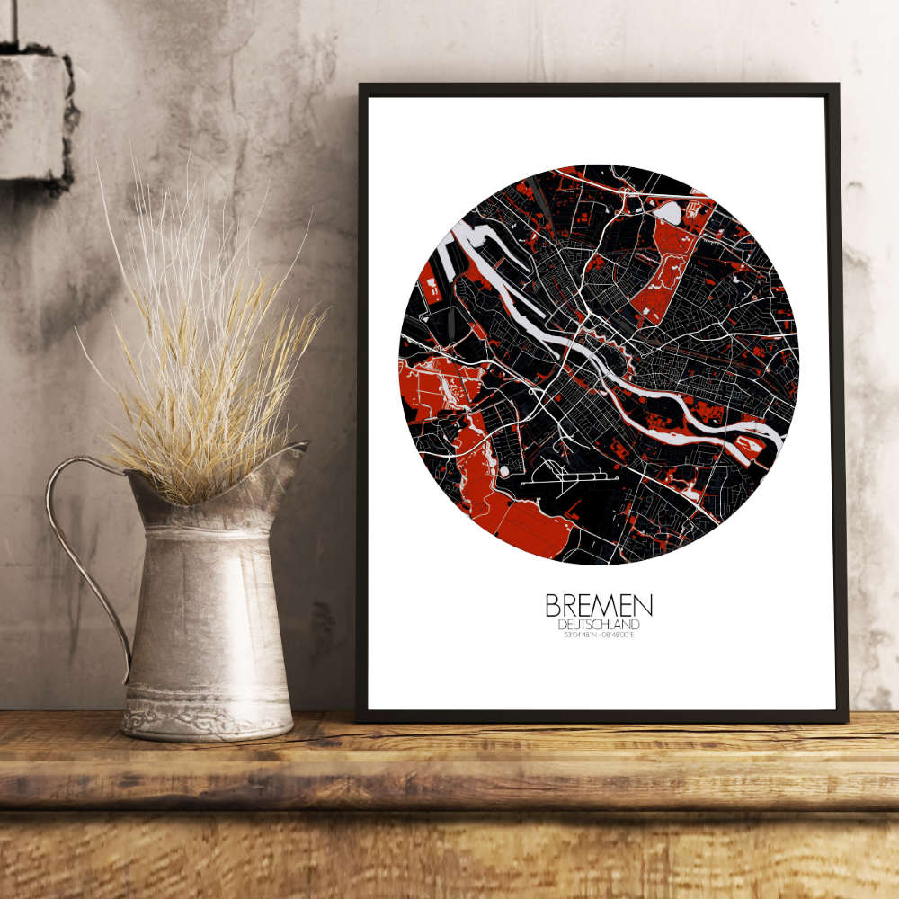 Mapospheres Bremen Red dark round shape design poster city map