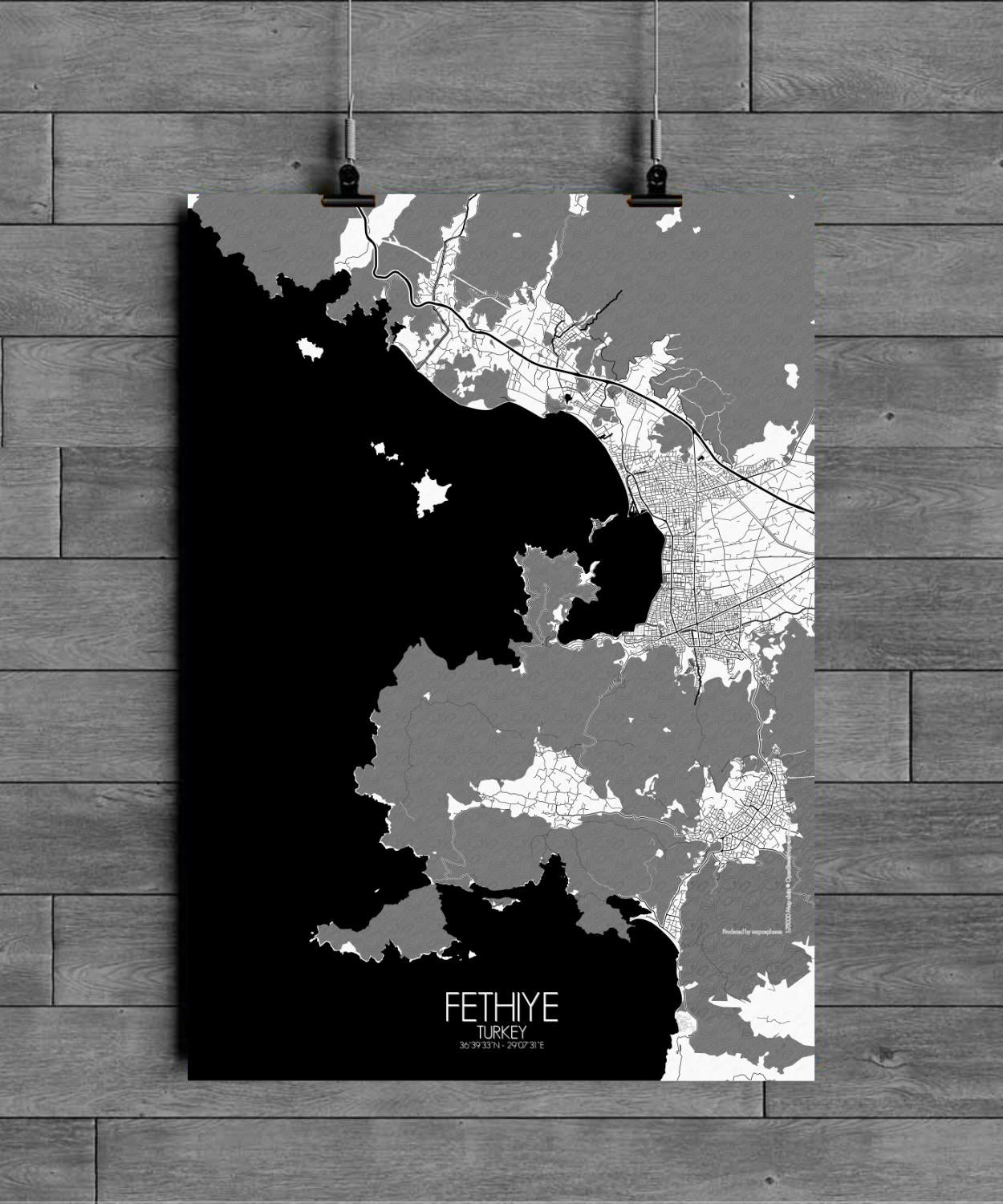Mapospheres Fethiye Black and White full page design poster city map