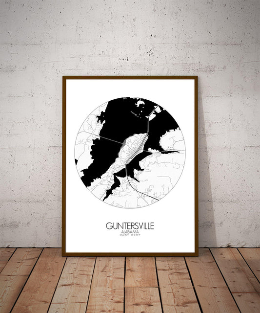 Mapospheres Guntersville Black and White dark round shape design poster city map