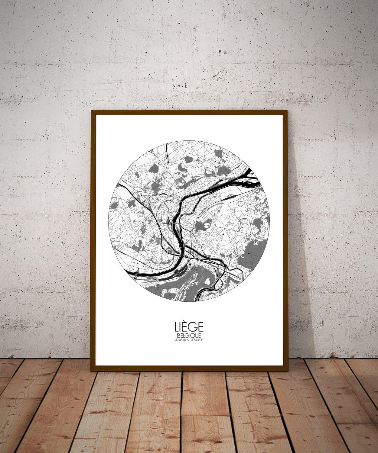 Mapospheres Liege Black and White dark round shape design poster city map