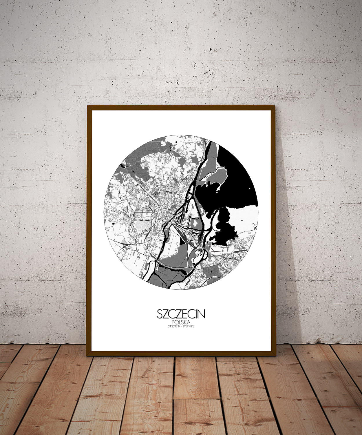 Mapospheres Szeczin Black and White dark round shape design poster city map