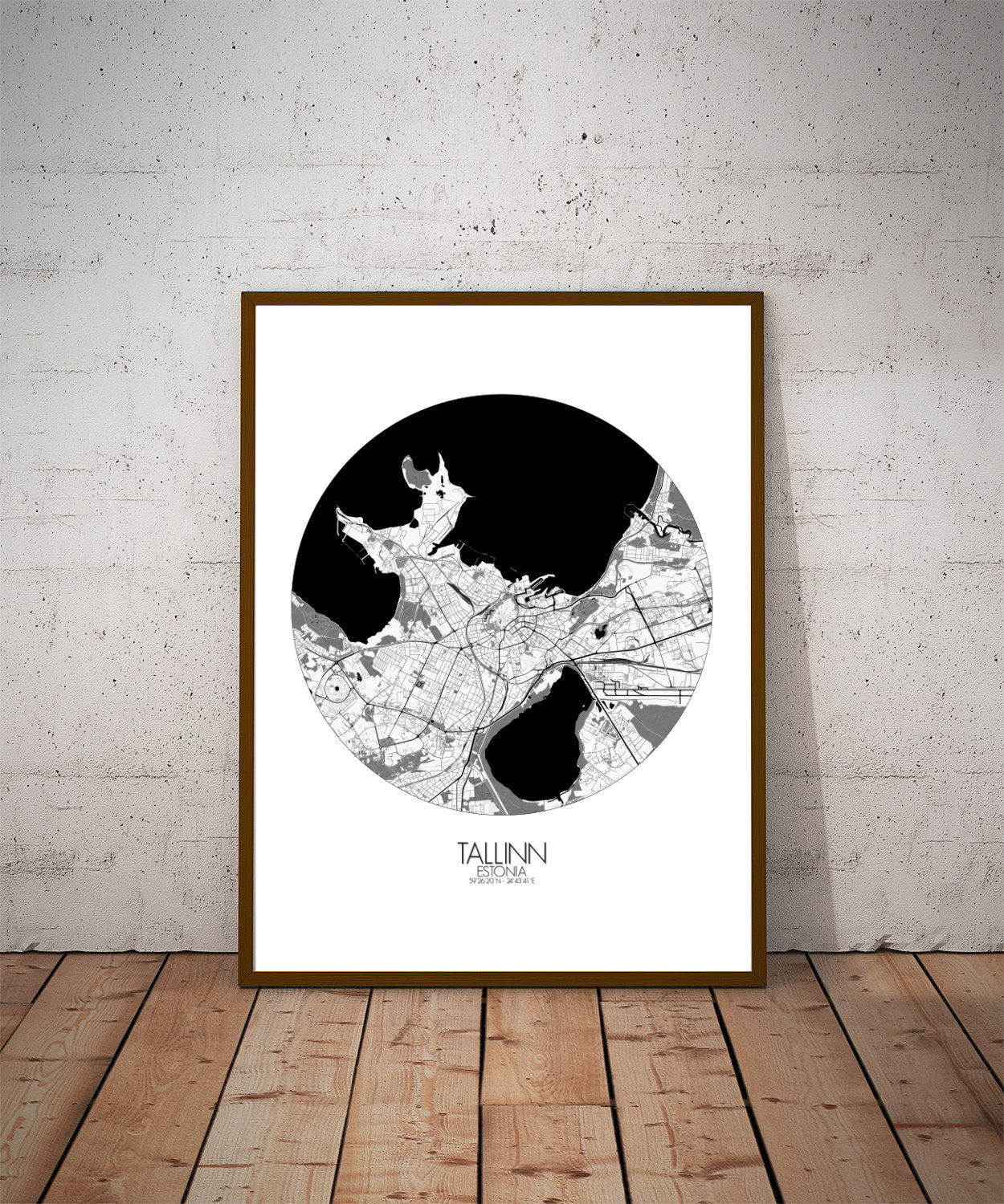 Mapospheres Tallinn Black and White dark round shape design poster city map