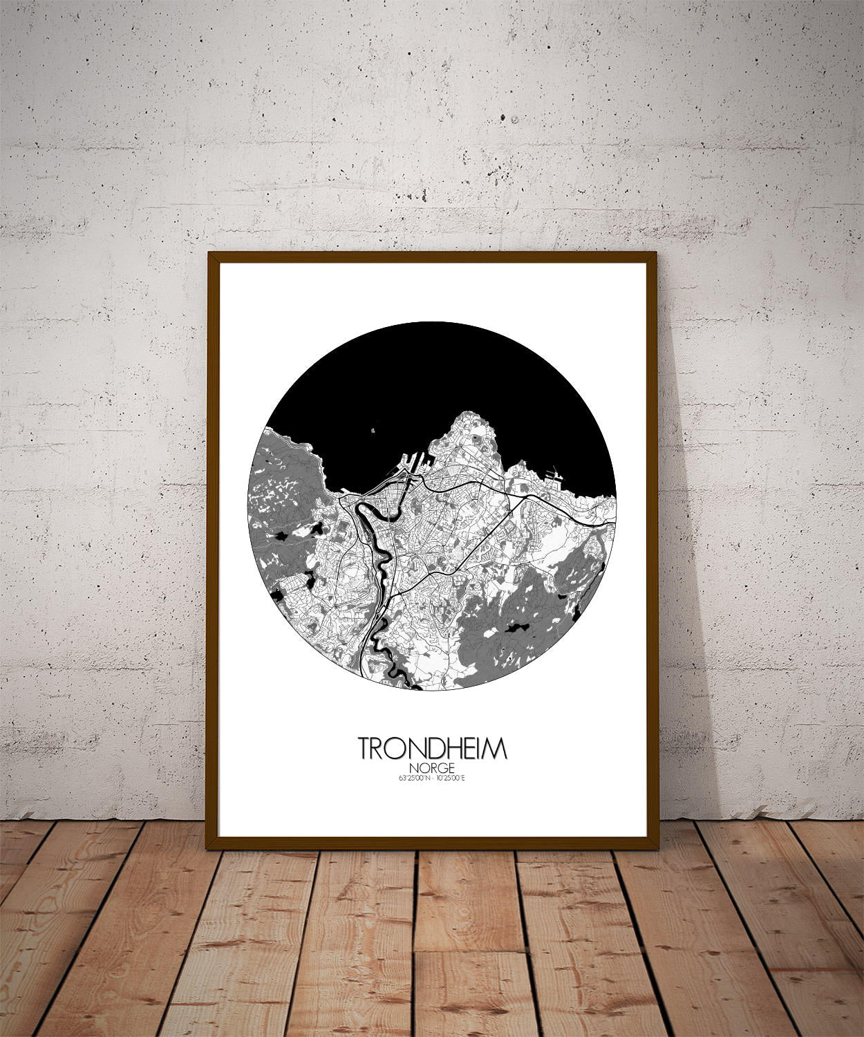 Mapospheres Trondheim Black and White dark round shape design poster city map