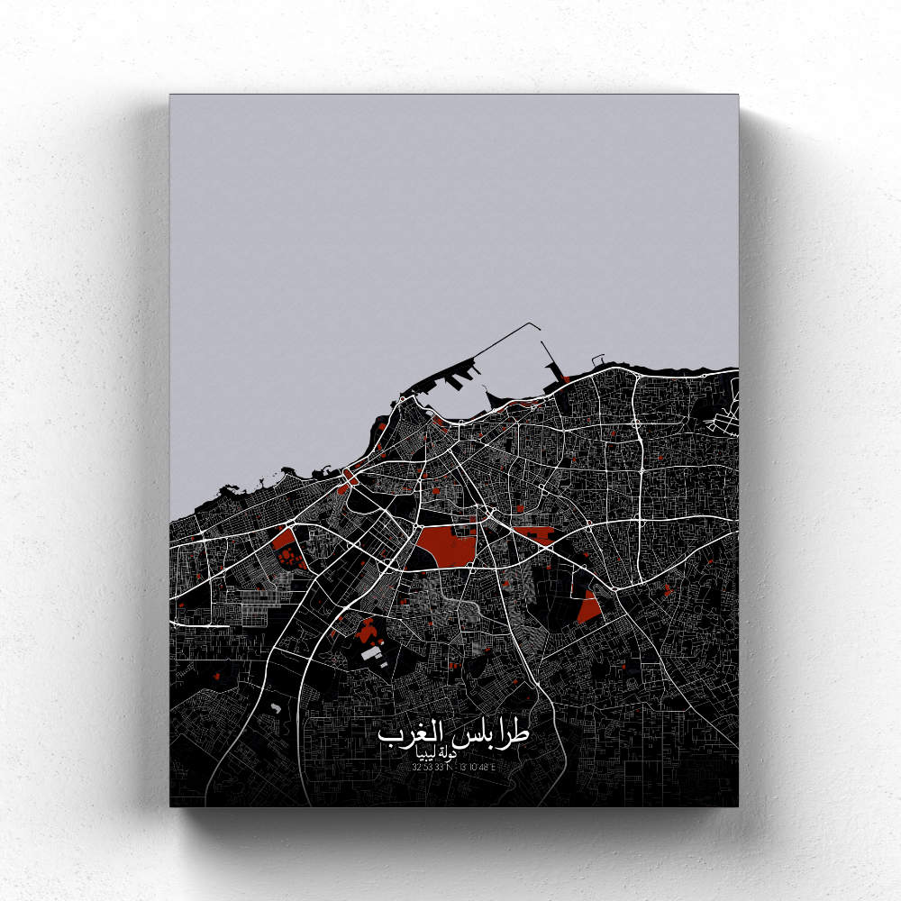 Mapospheres Tripoli Red dark full page design canvas city map