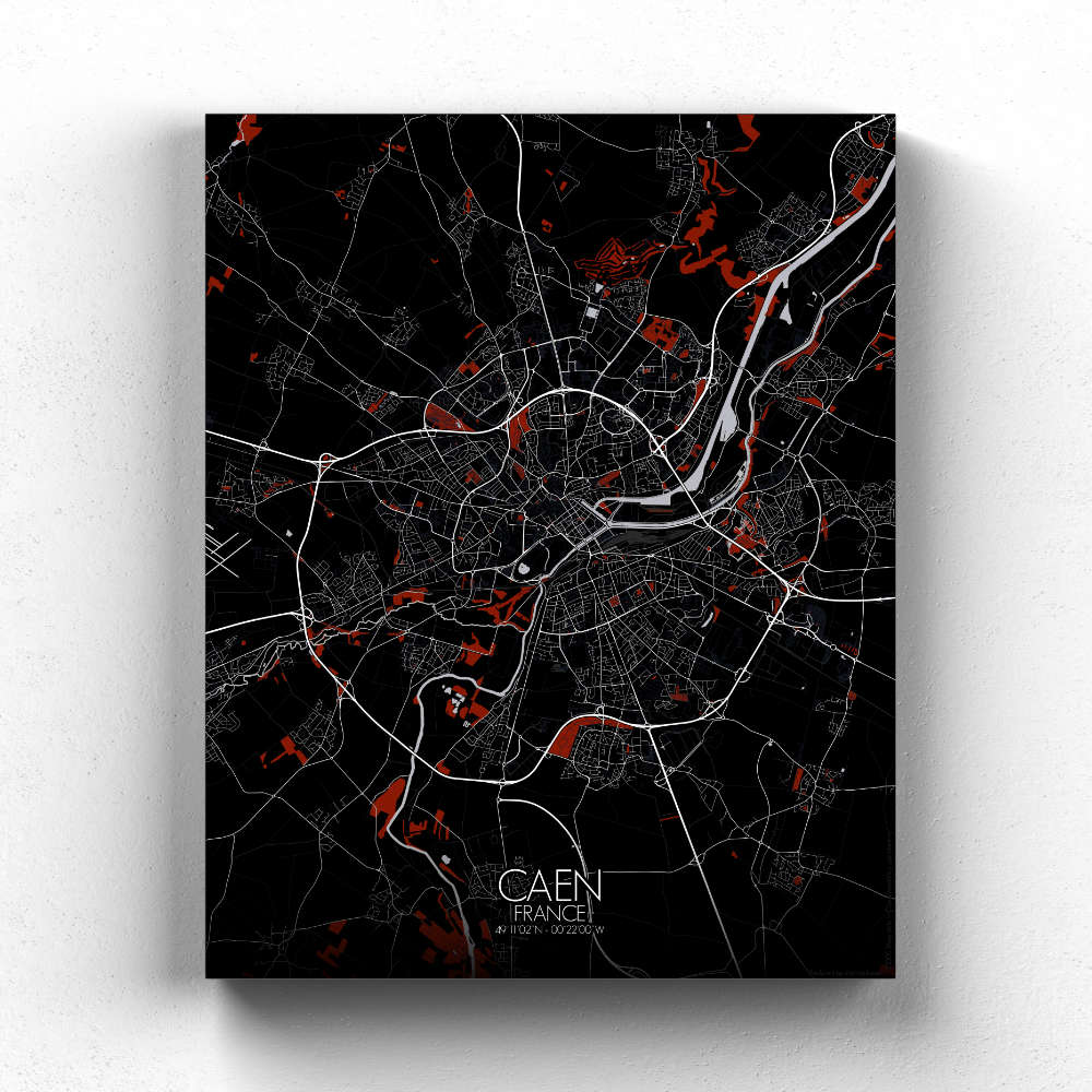 Mapospheres Caen Red dark full page design canvas city map