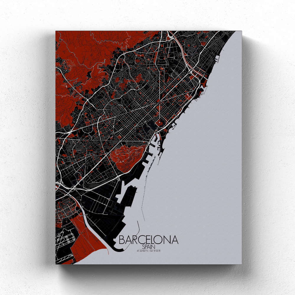 Mapospheres Barcelona Red dark full page design canvas city map