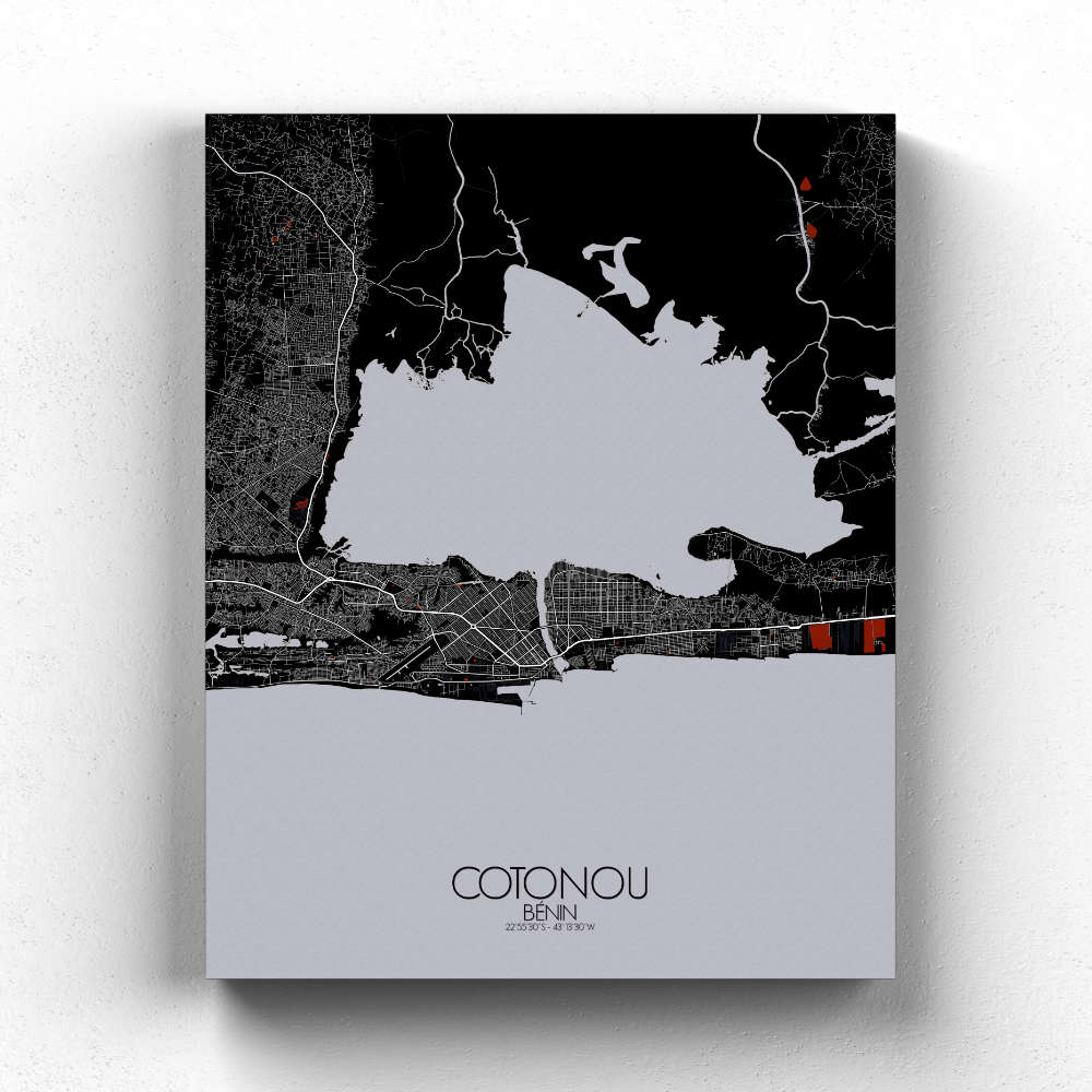 Mapospheres Cotonou Red dark full page design canvas city map