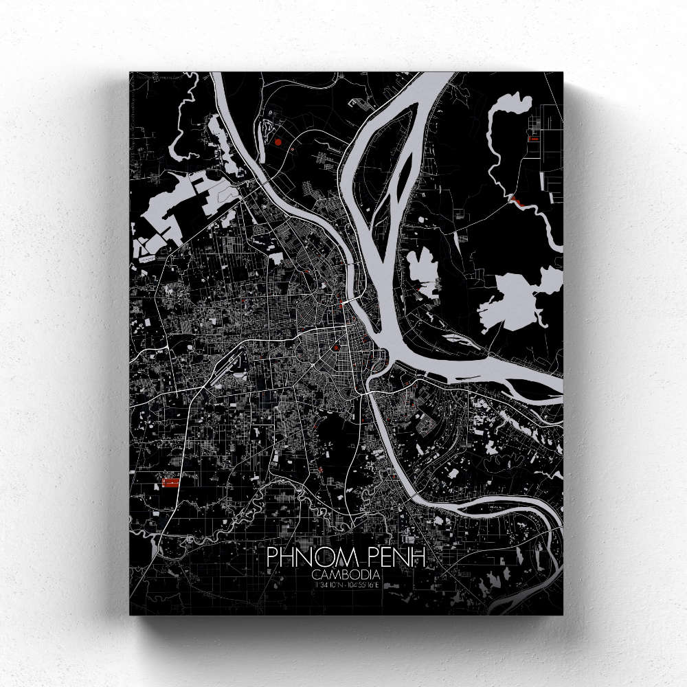 Mapospheres Phnom Penh Red dark full page design canvas city map