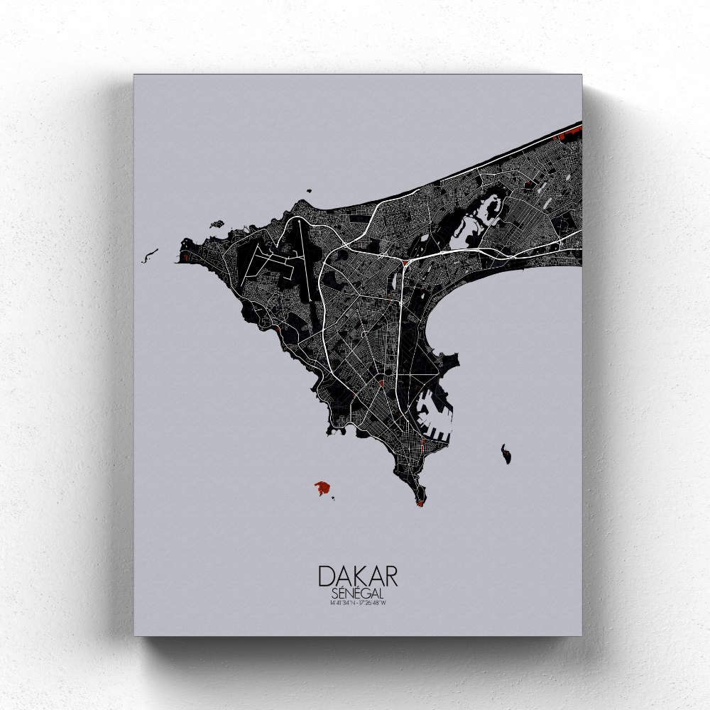 Mapospheres Dakar Red dark full page design canvas city map