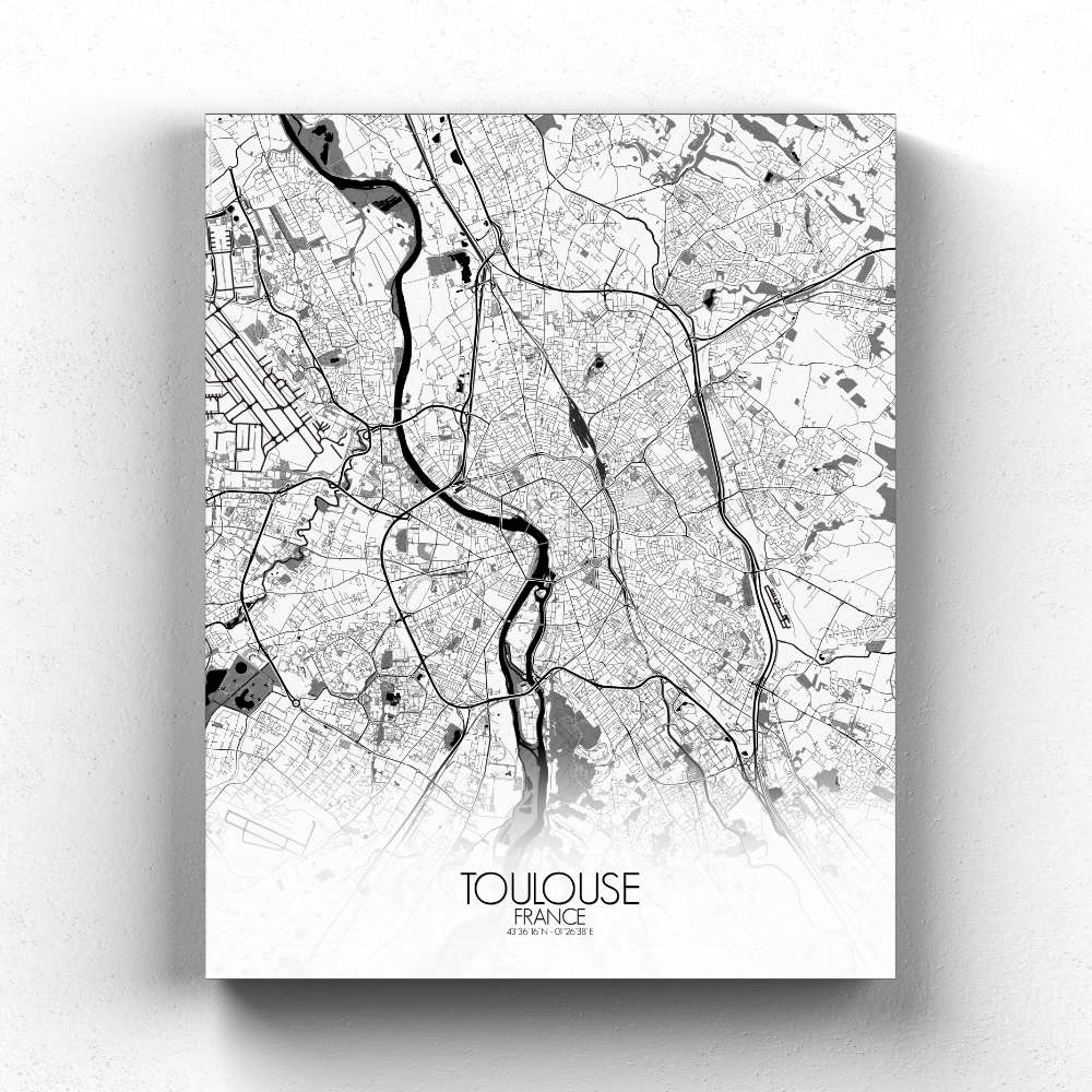 Mapospheres Black and White full page design Toulouse canvas city map
