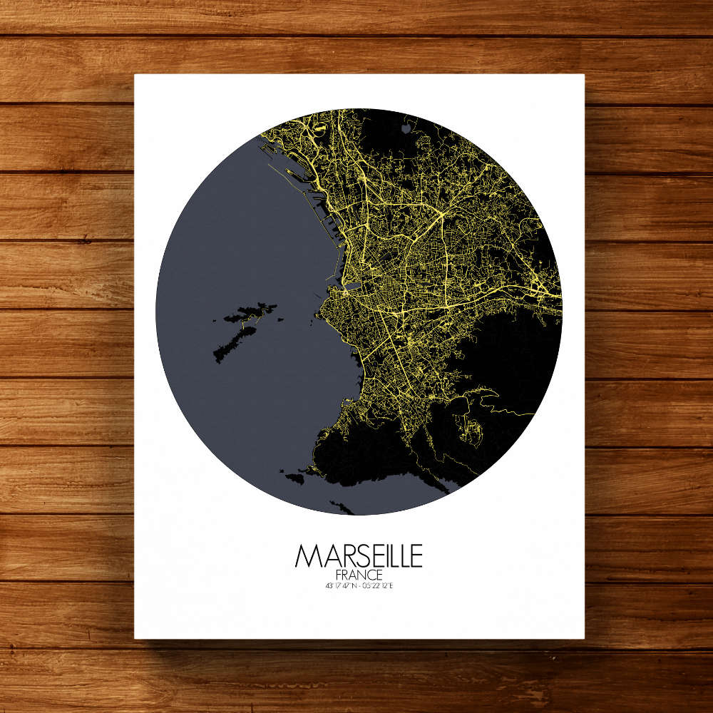 Mapospheres Marseille Night round shape design canvas city map