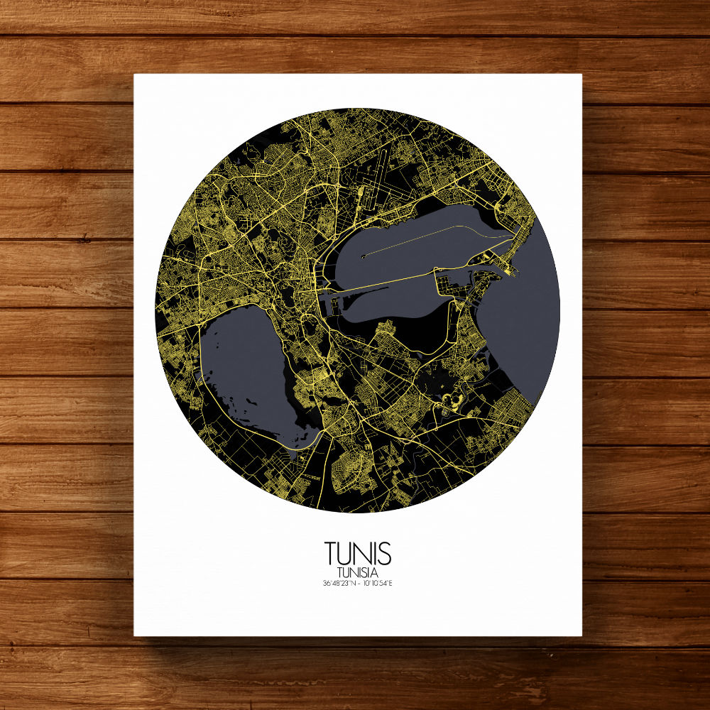 Mapospheres Tunis Black and White round shape design canvas city map