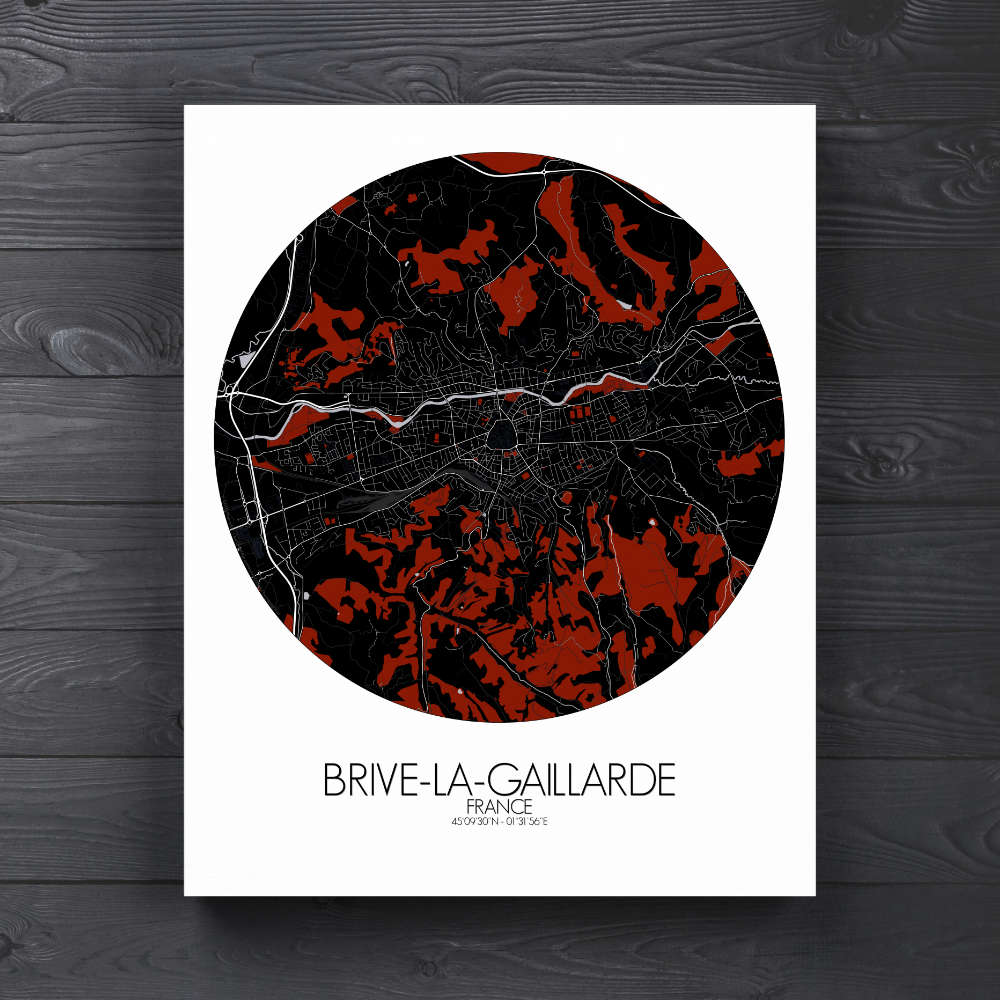 Mapospheres Brive Red dark round shape design canvas city map