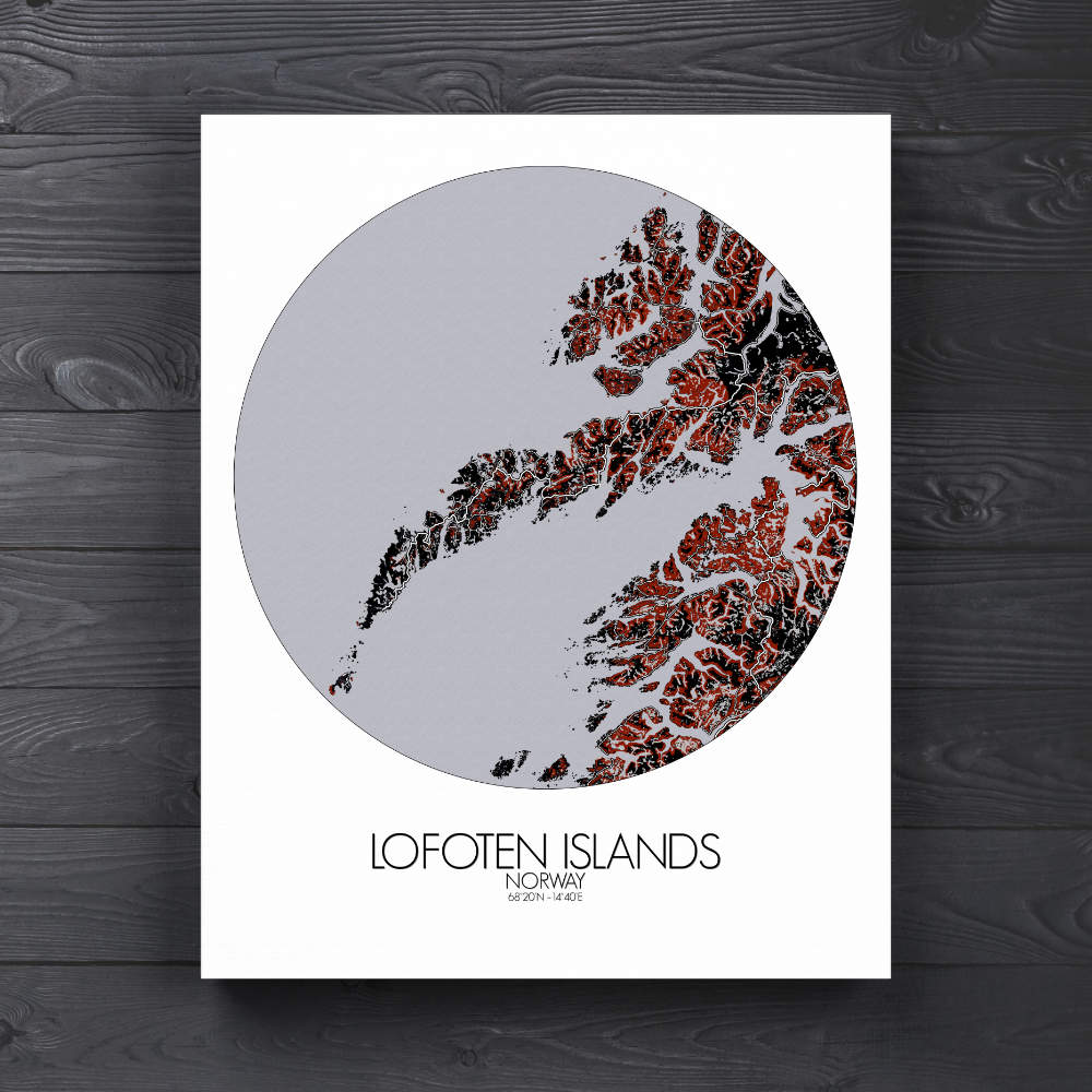 Mapospheres Lofoten Red dark round shape design canvas city map