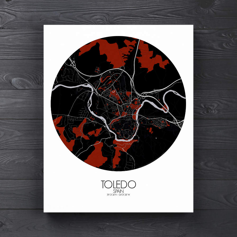 Mapospheres Toledo Red dark round shape design canvas city map