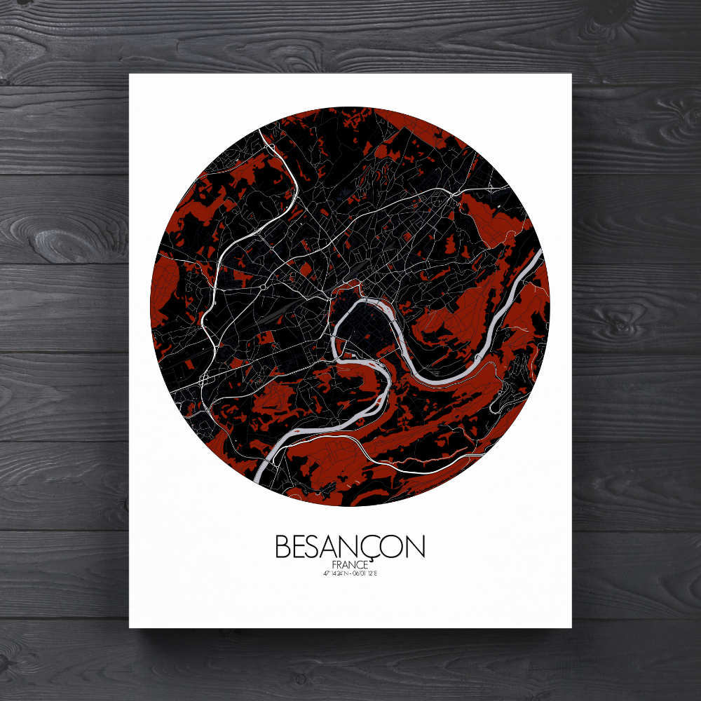 Mapospheres Besancon Red dark round shape design canvas city map