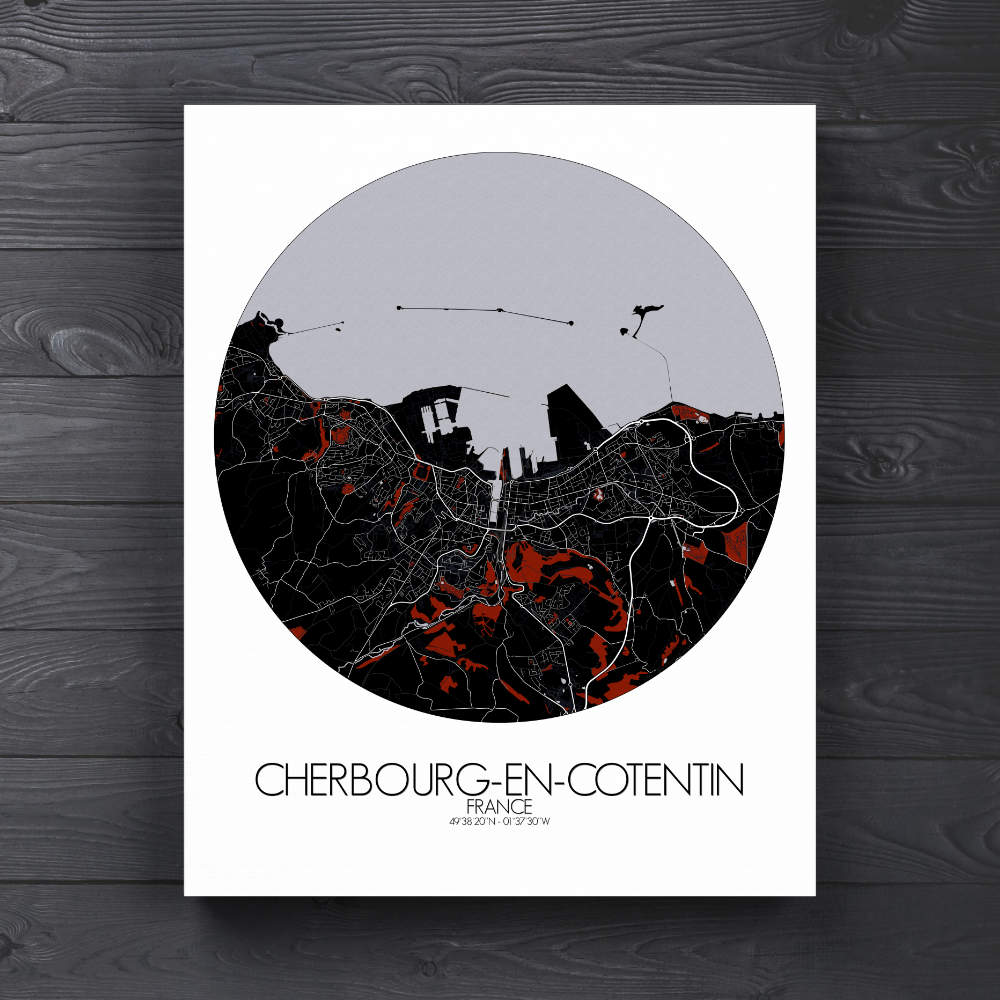 Mapospheres Cherbourg Red dark round shape design canvas city map