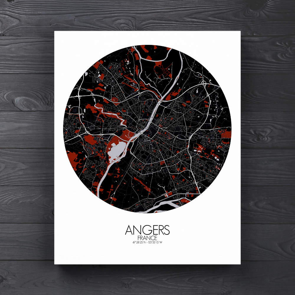 Mapospheres angers Red dark round shape design canvas city map