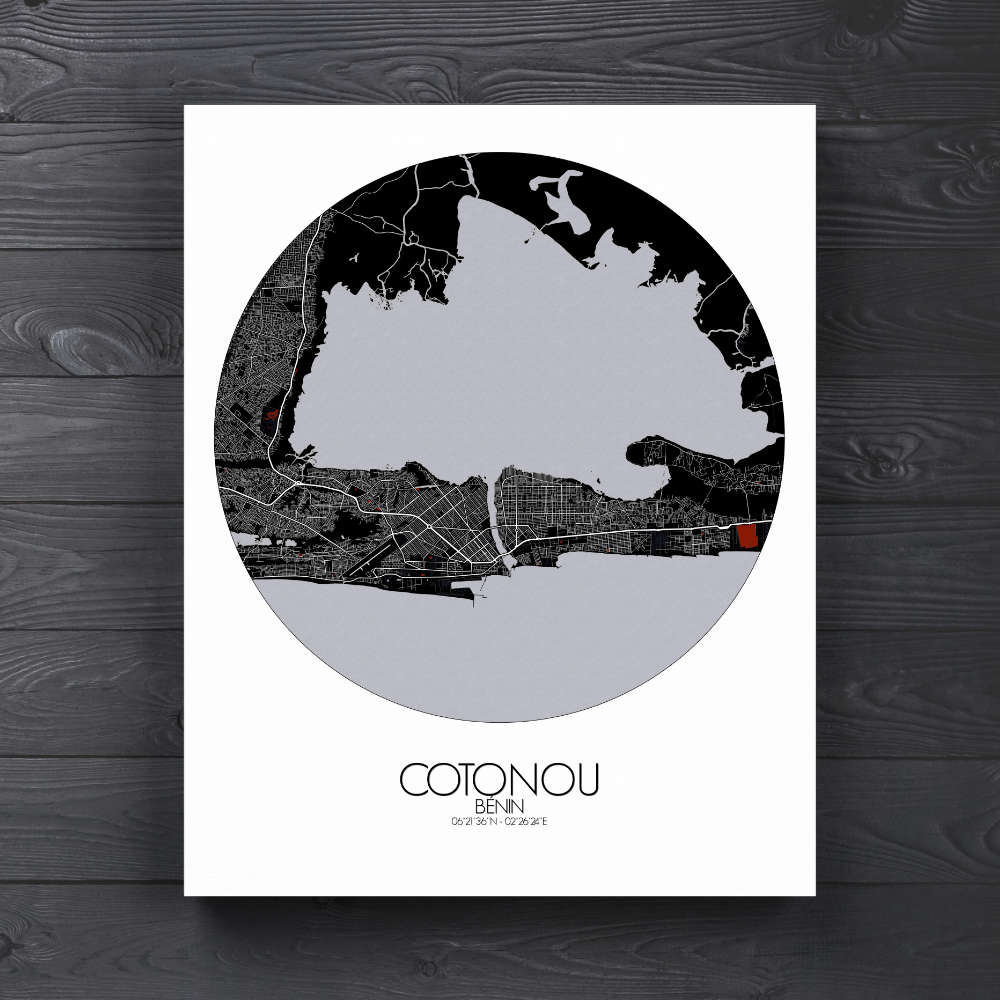 Mapospheres Cotonou Red dark round shape design canvas city map