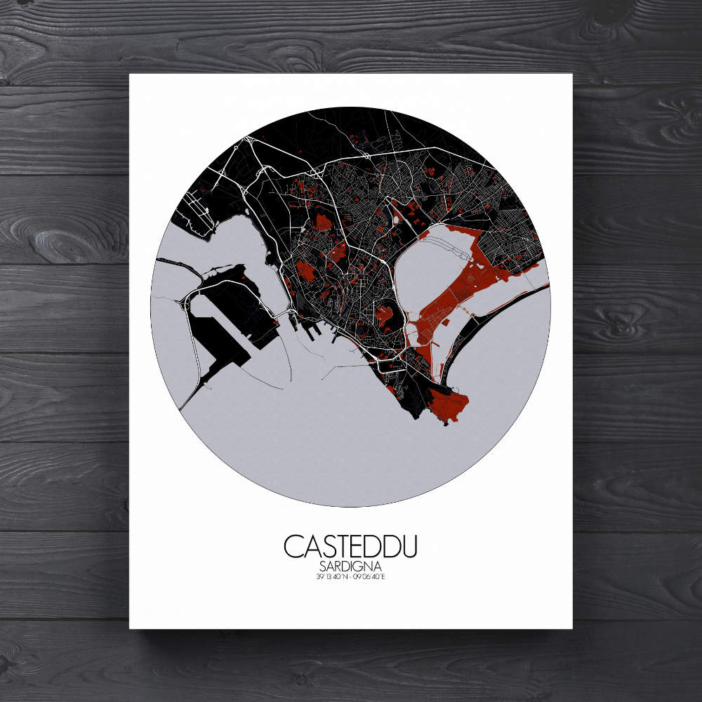 Mapospheres Cagliari Red dark round shape design canvas city map