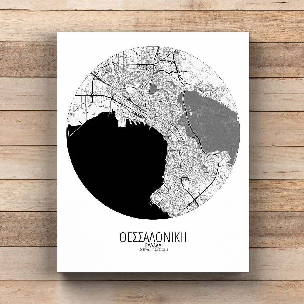 Mapospheres Thessaloniki Black and White round shape design canvas city map