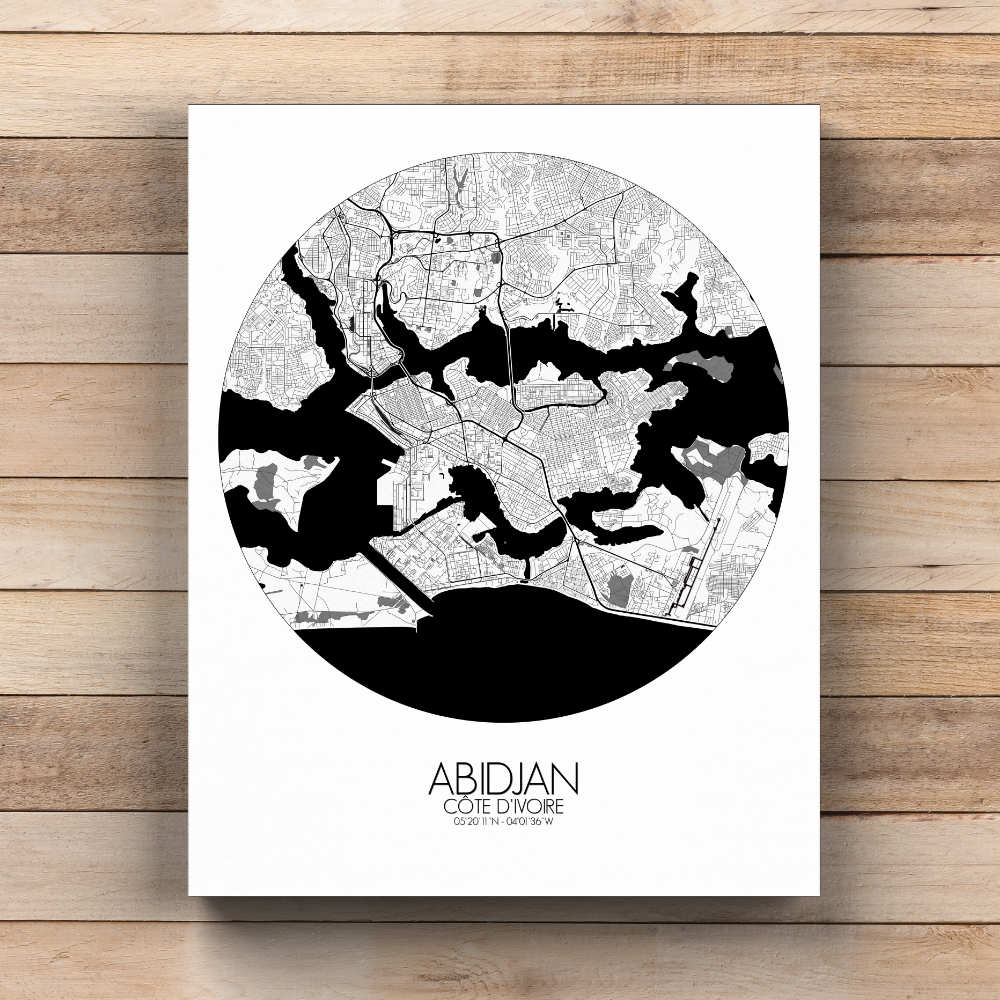 Mapospheres Abidjan Black and White round shape design canvas city map