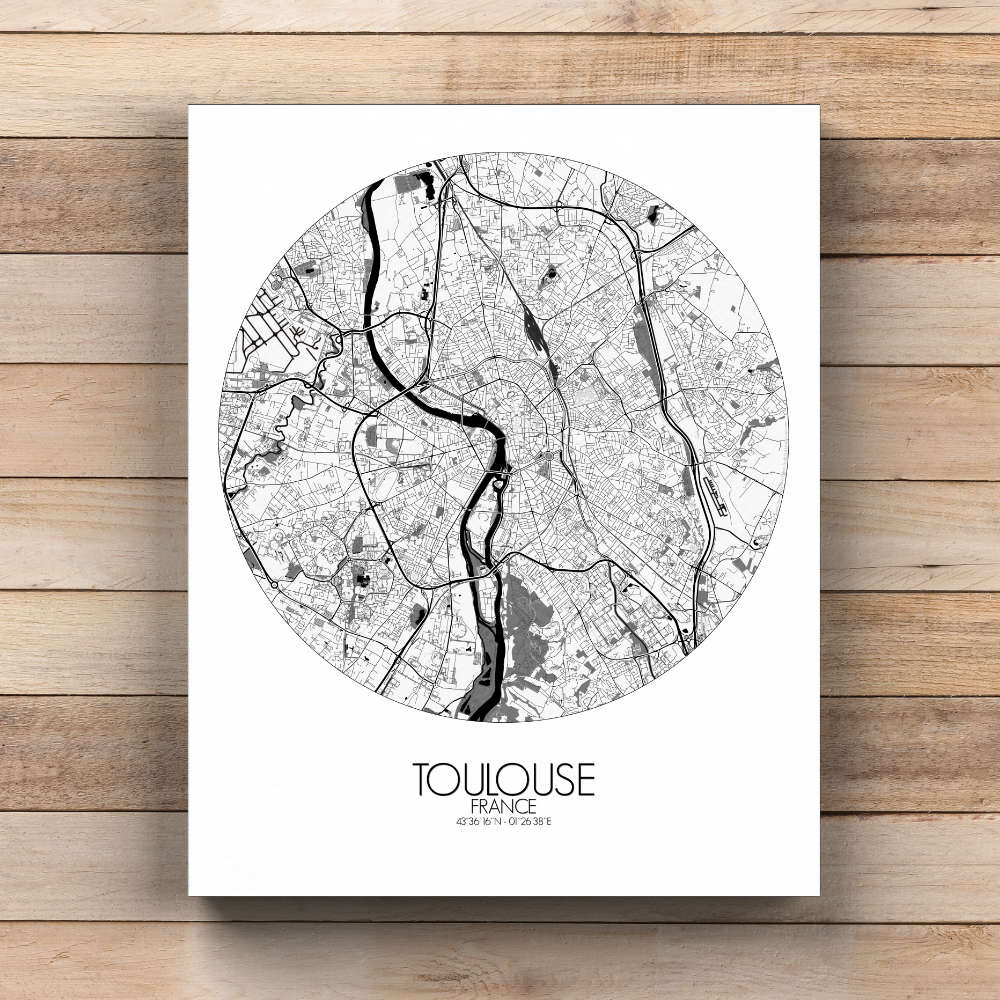 Mapospheres Toulouse Black and White round shape design canvas city map
