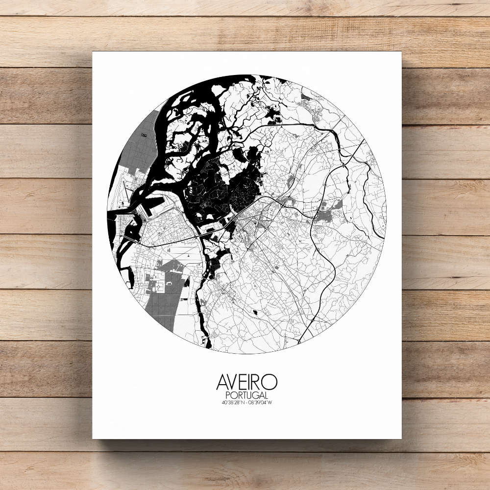 Mapospheres Aveiro Black and White  round shape design canvas city map