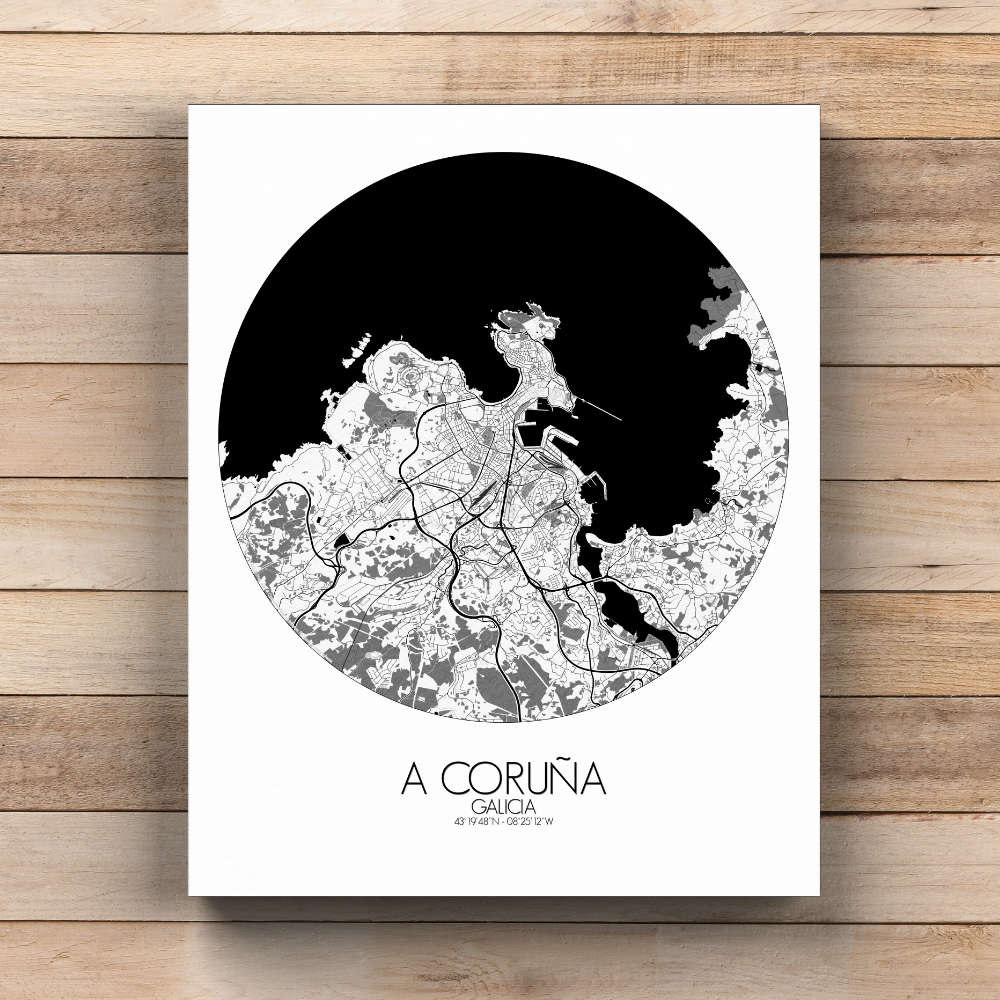 Mapospheres La Coruna Black and White round shape design canvas city map