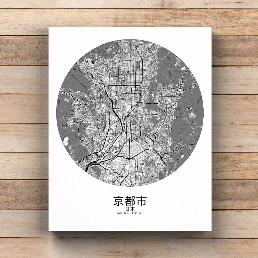 Mapospheres Kyoto Black and White  round shape design canvas city map