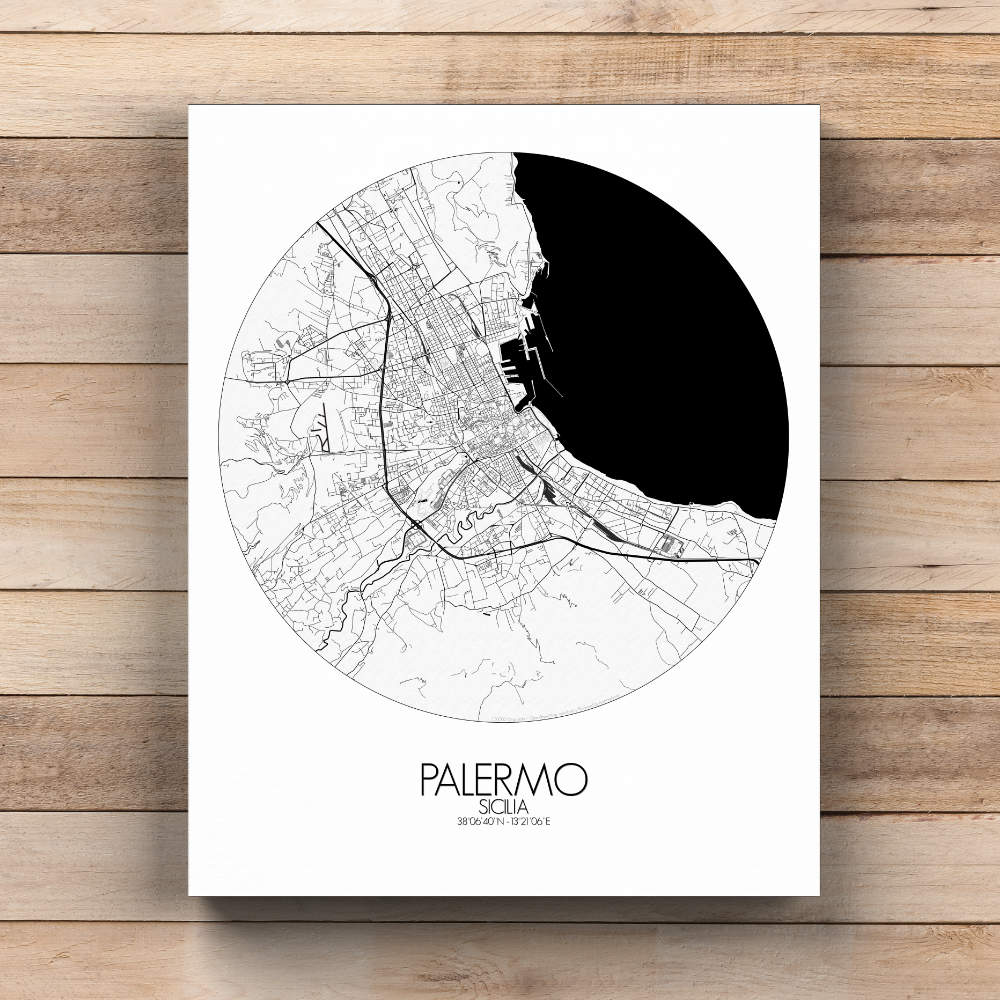 Mapospheres Palermo Black and White round shape design canvas city map