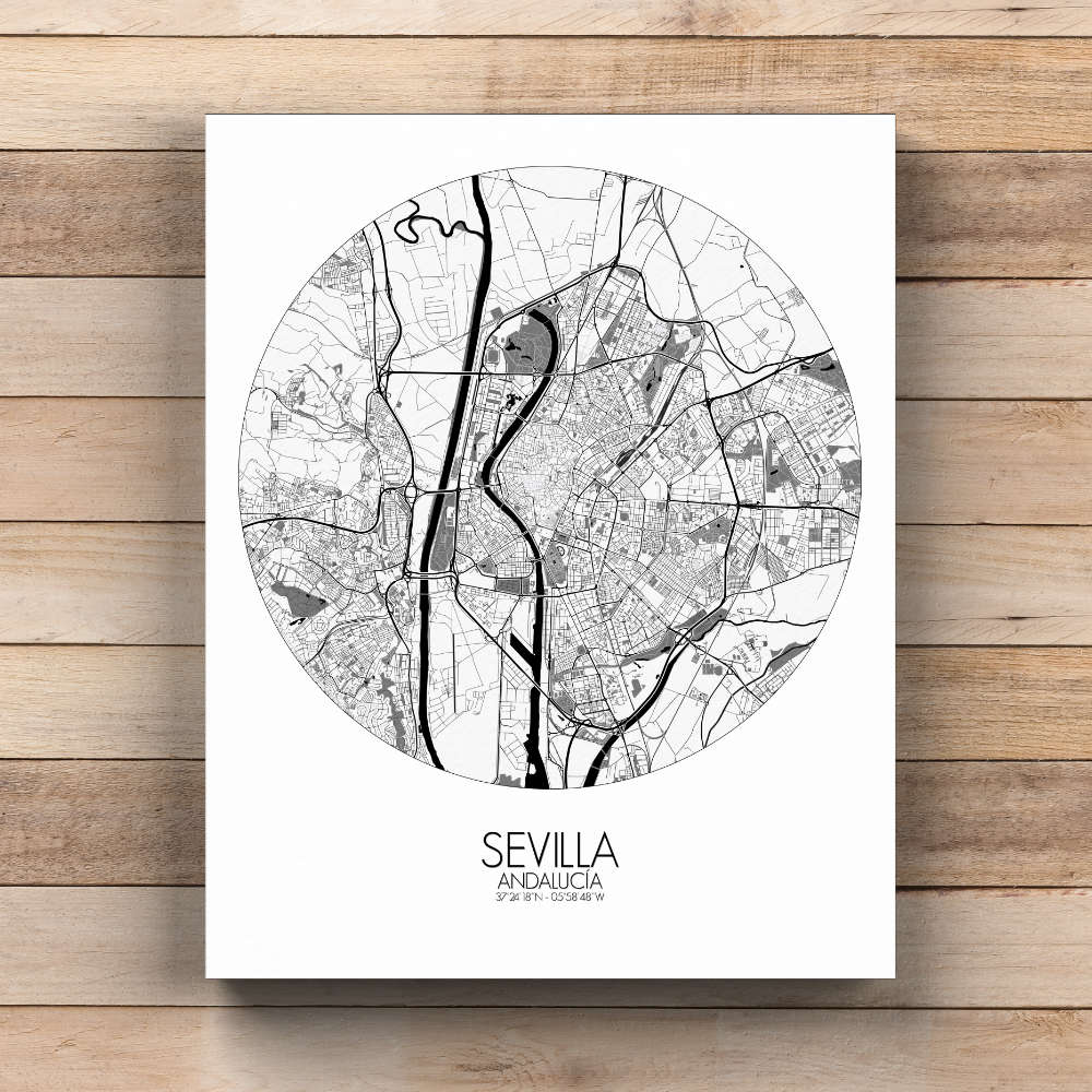 Mapospheres Sevilla Black and White round shape design canvas city map