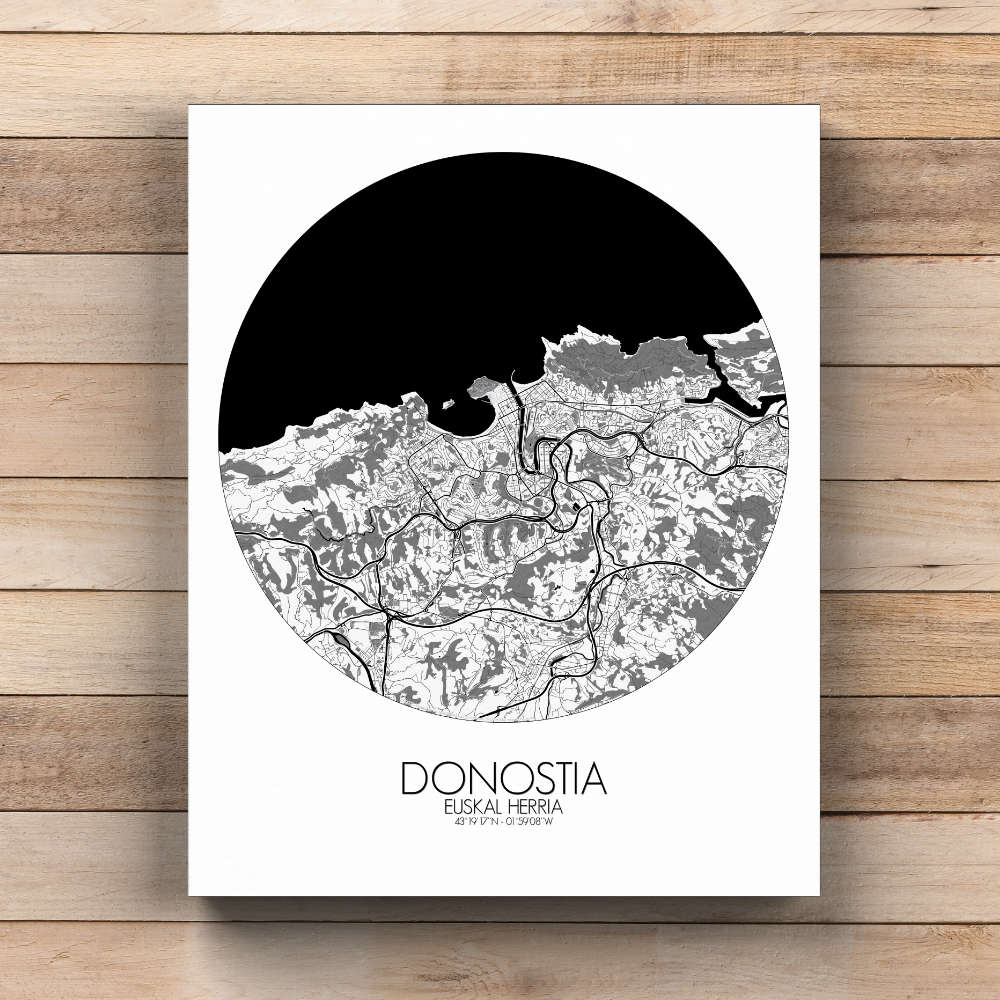 Mapospheres San Sebastian Black and White round shape design canvas city map