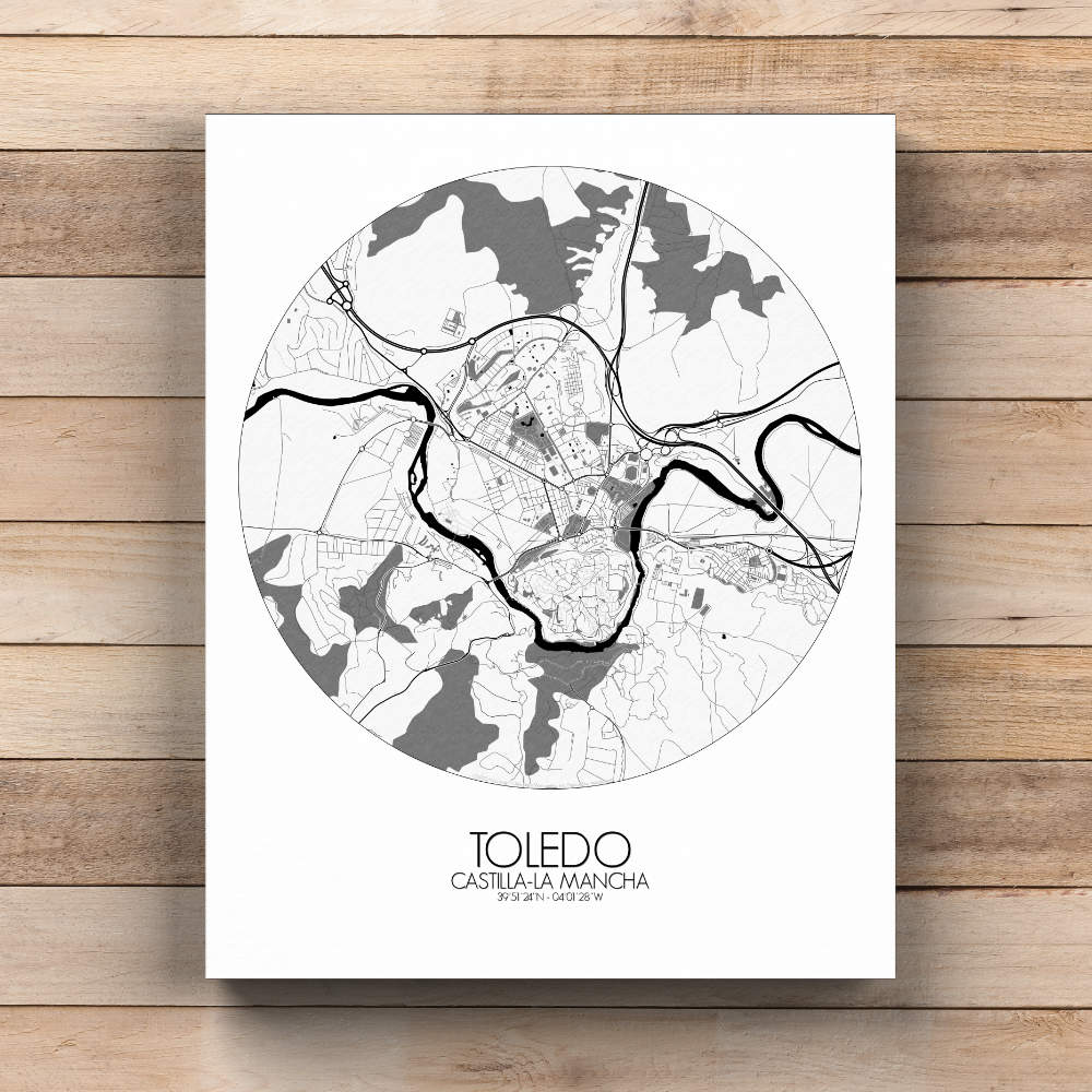 Mapospheres Toledo Black and White round shape design canvas city map