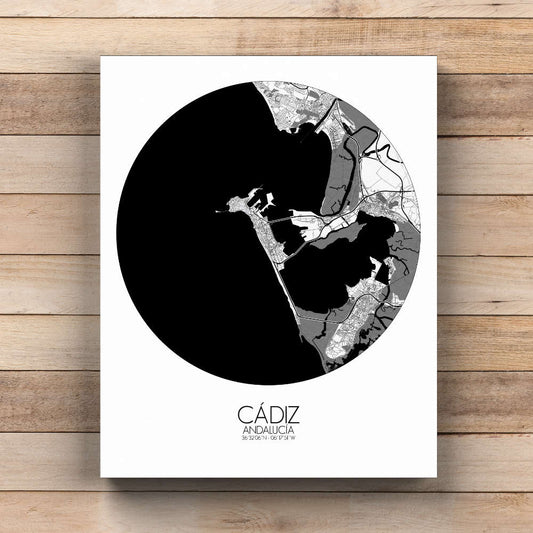 Mapospheres Cadiz Black and White  round shape design canvas city map