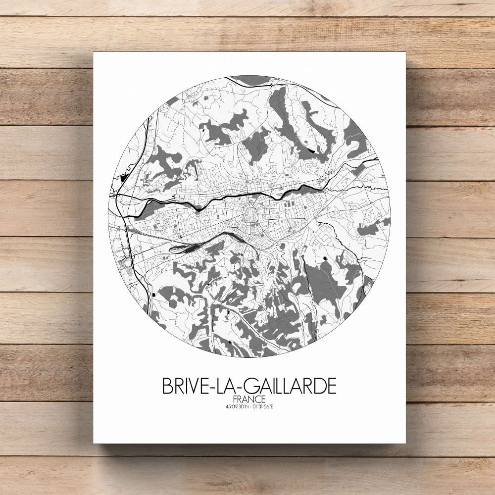 Mapospheres Brive Black and White round shape design canvas city map