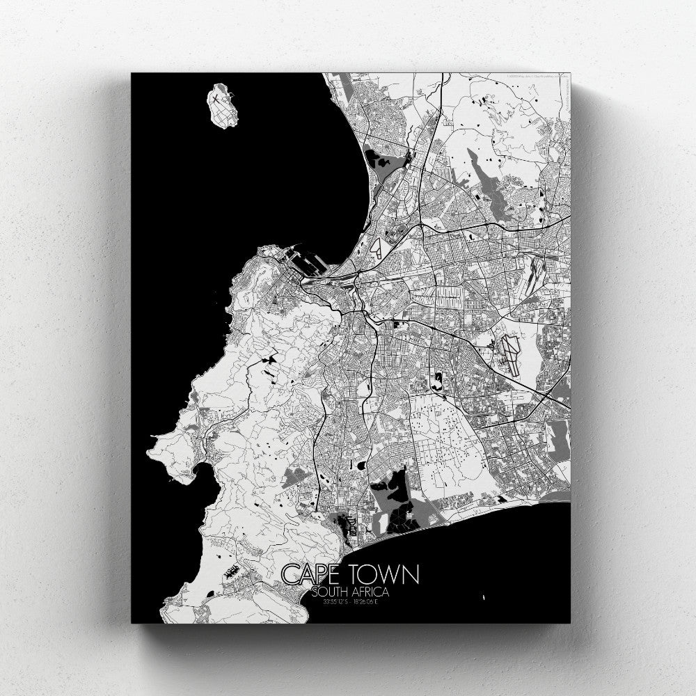 Mapospheres Cape Town Black and White full page design canvas city map