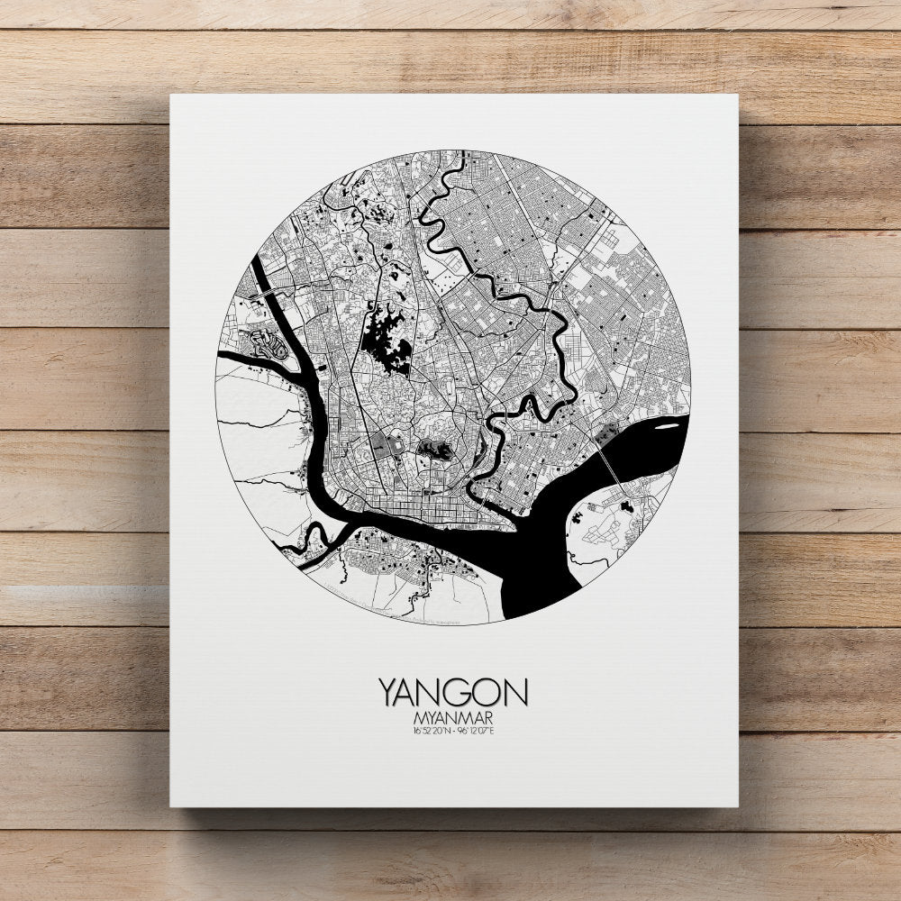 Mapospheres yangon Black and White round shape design canvas city map