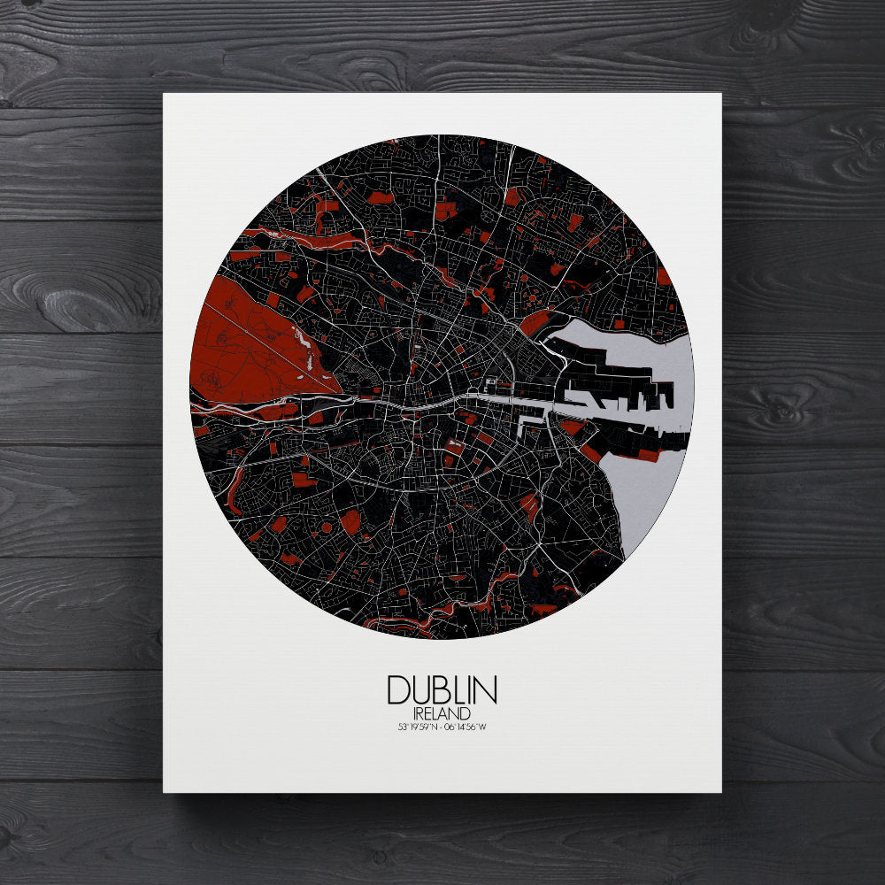 Mapospheres dublin Red Dark round shape design canvas city map